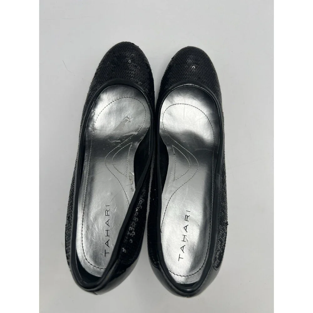 Tahari Black Sequin Round Toe Leather Pumps Heel Formal Black Tie Party Sz 8.5 M - Picture 11 of 11